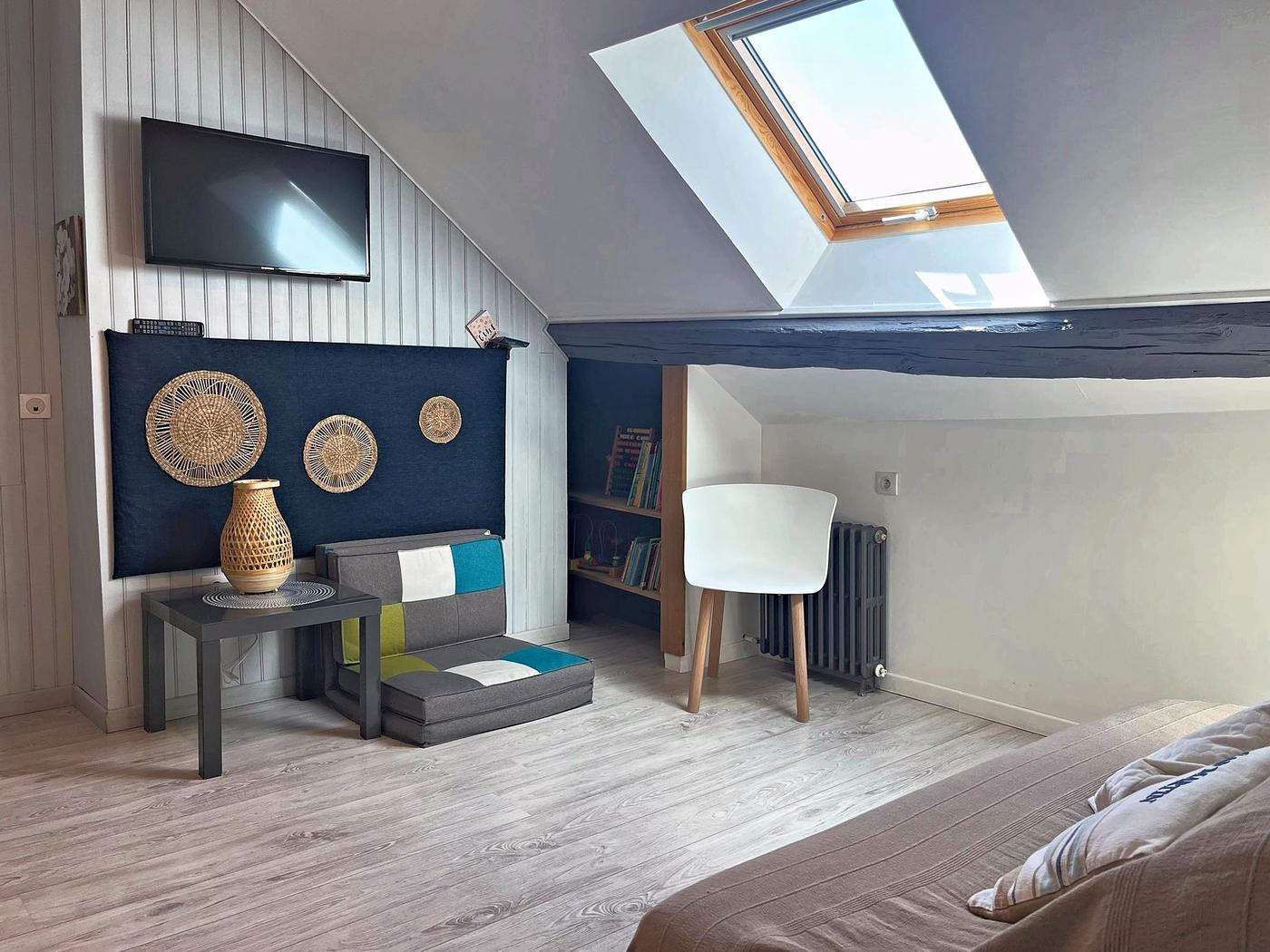 The private sitting room in Les Terrasses, under the roof windows