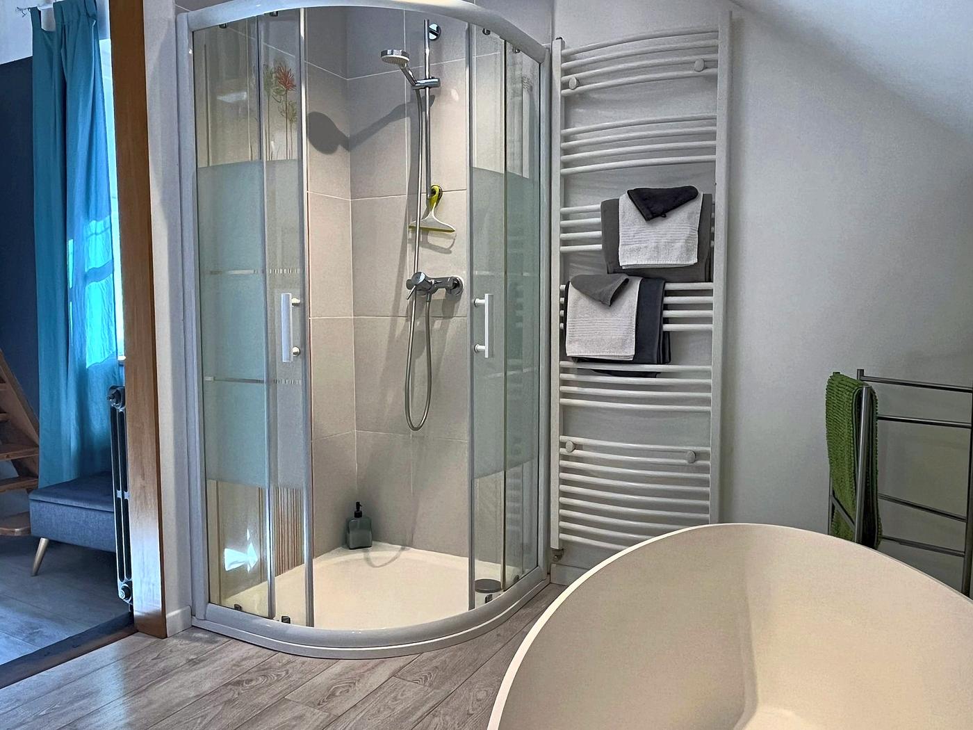 The Les Terrasses bathroom: shower and bath