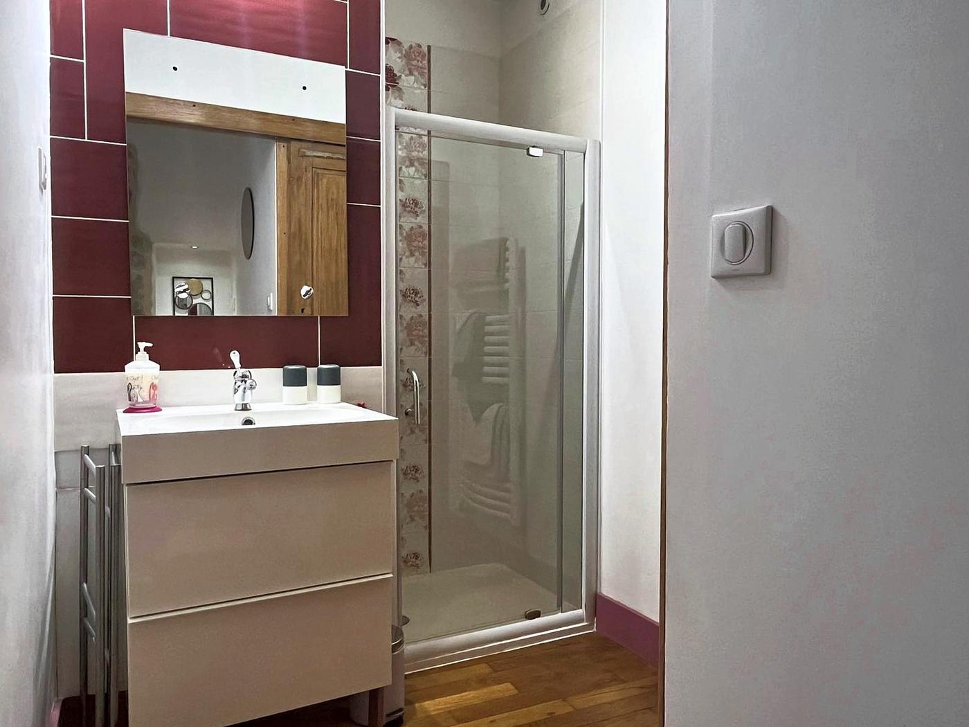 The Le Chanaie bathroom: basin and shower