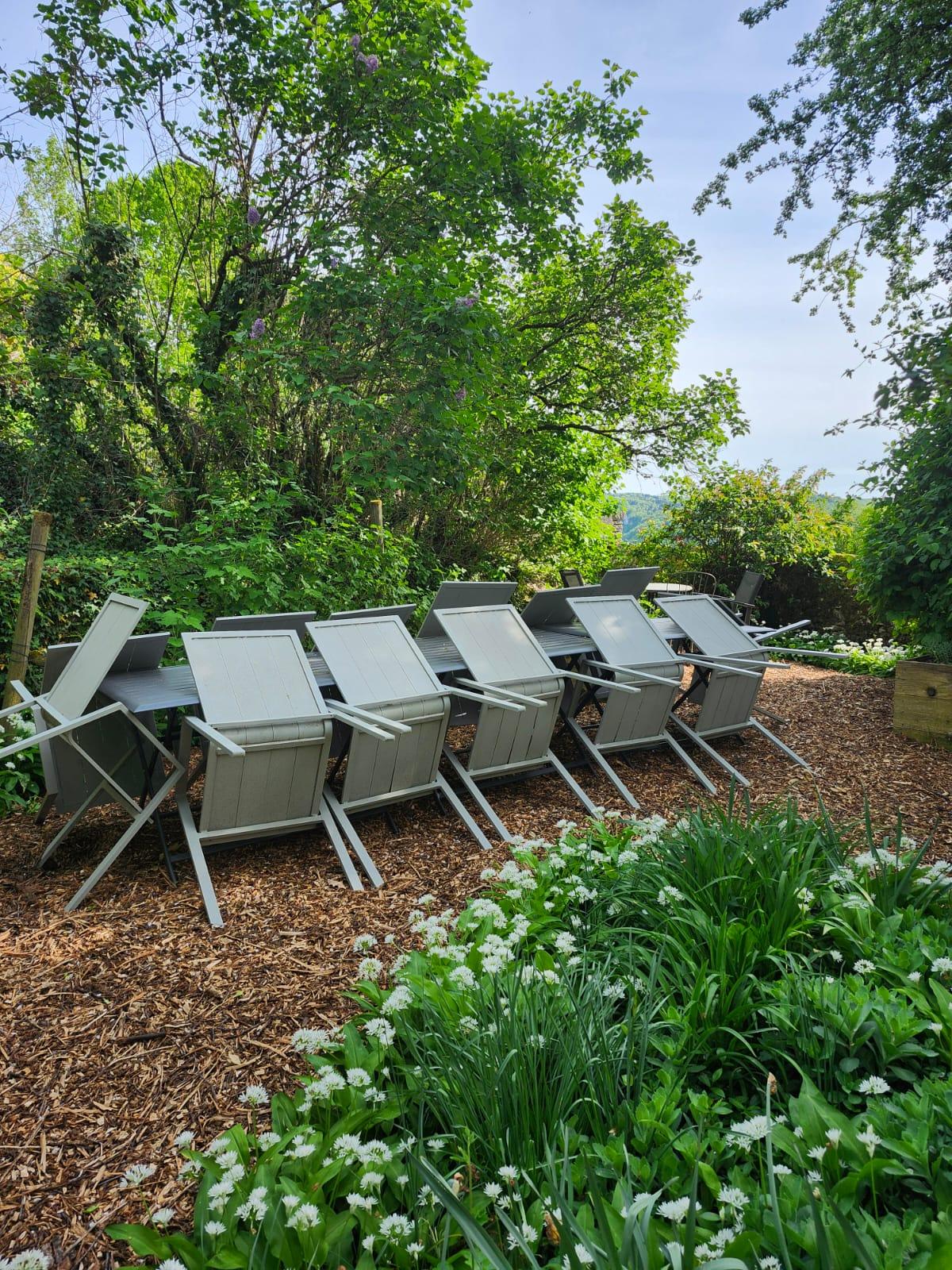 A row of deckchairs on the wood chippings, among the flower beds