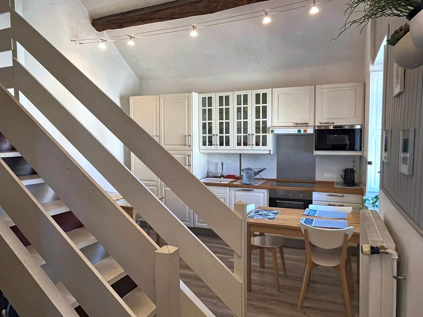 The second kitchen seen from the half-landing rail